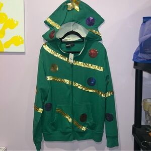 MAD Xmas Christmas Tree Hoodie Sweatshirt Green Sequins Gold Trim Small Zip‎ Up